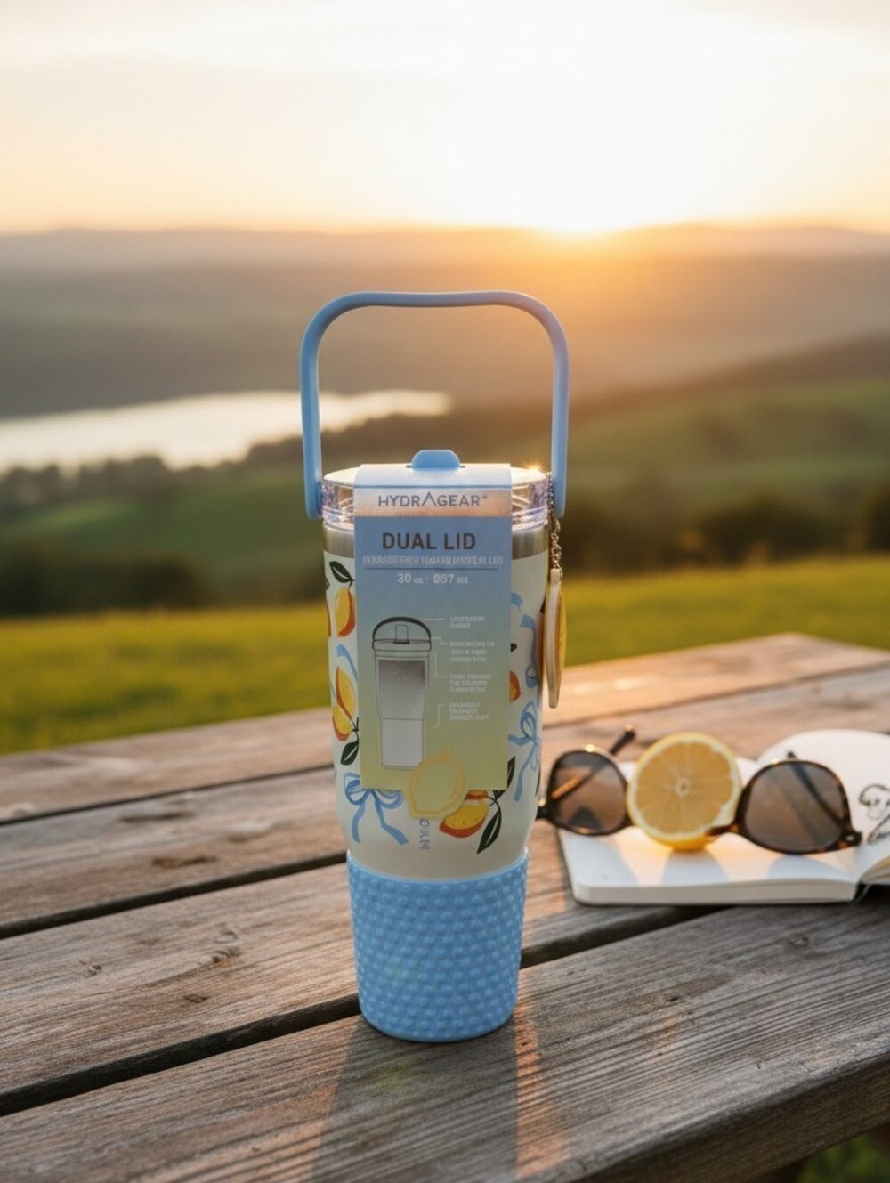 HYDRAGEAR DUA LID STAINLESS STEEL TUMBLER WITH 2 IN 1 LID 30 OZ, BLUE AND LEMONS